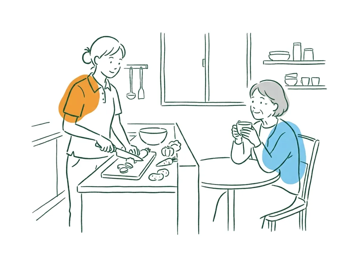 台所で調理するヘルパーと、そばの椅子でお茶を持つ利用者様のイラスト