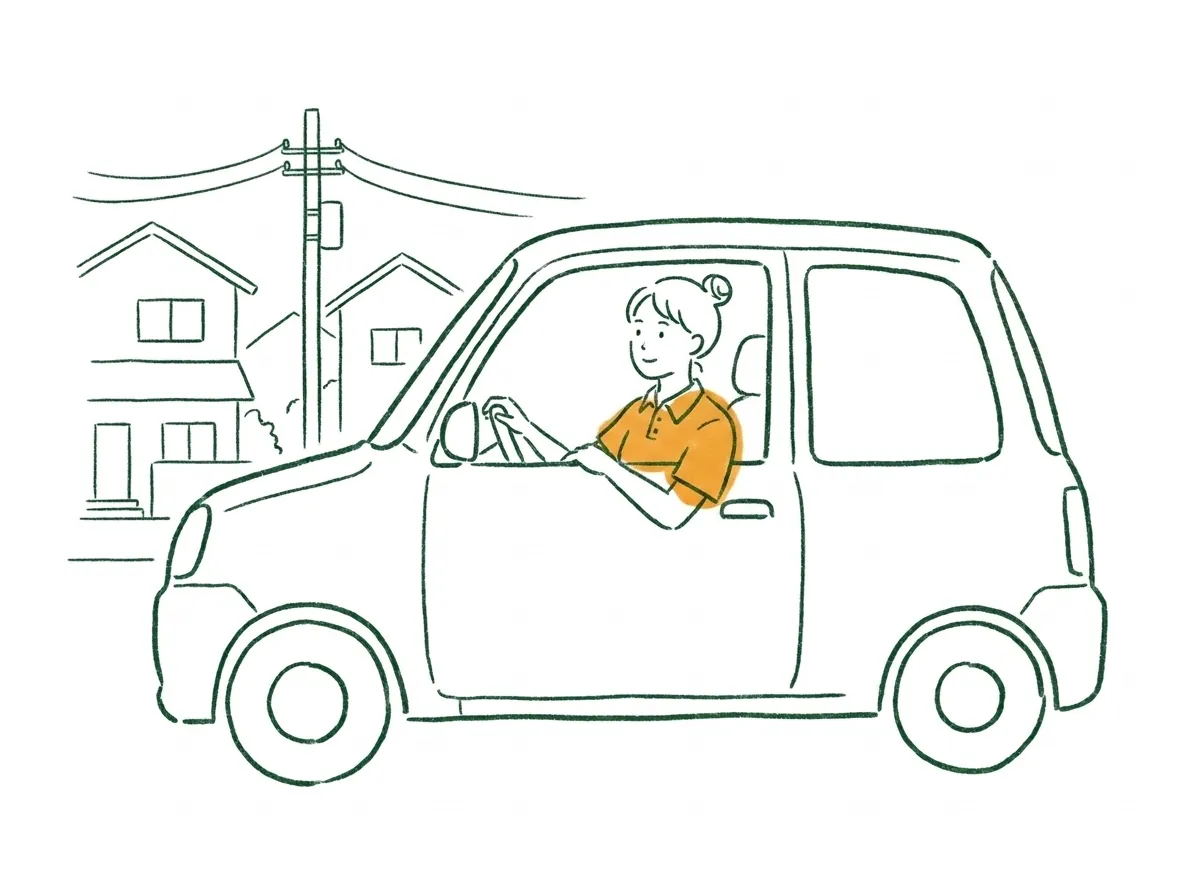 住宅街の道を車で次のお宅へ向かうヘルパーのイラスト